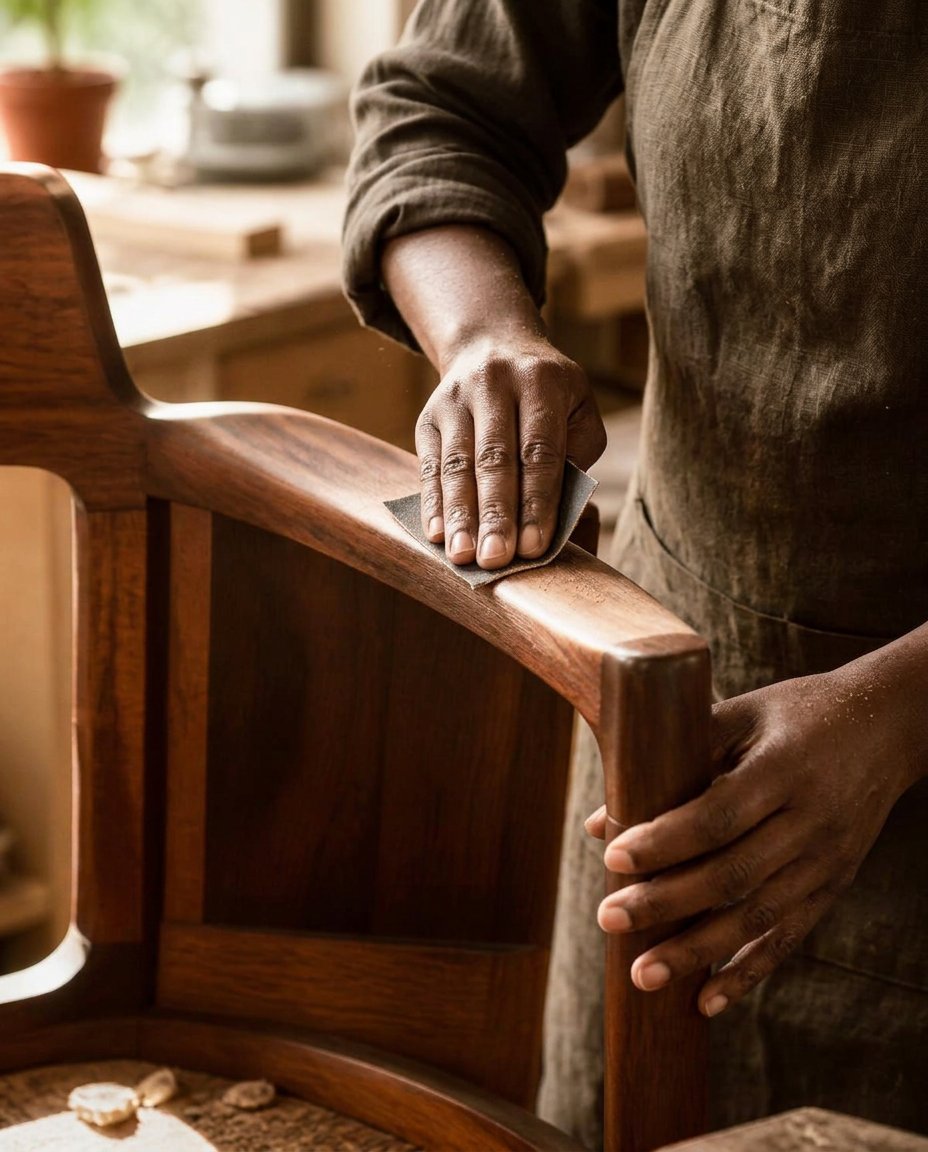 Hands sanding and restoring a vintage walnut chair in a sunlit workshop